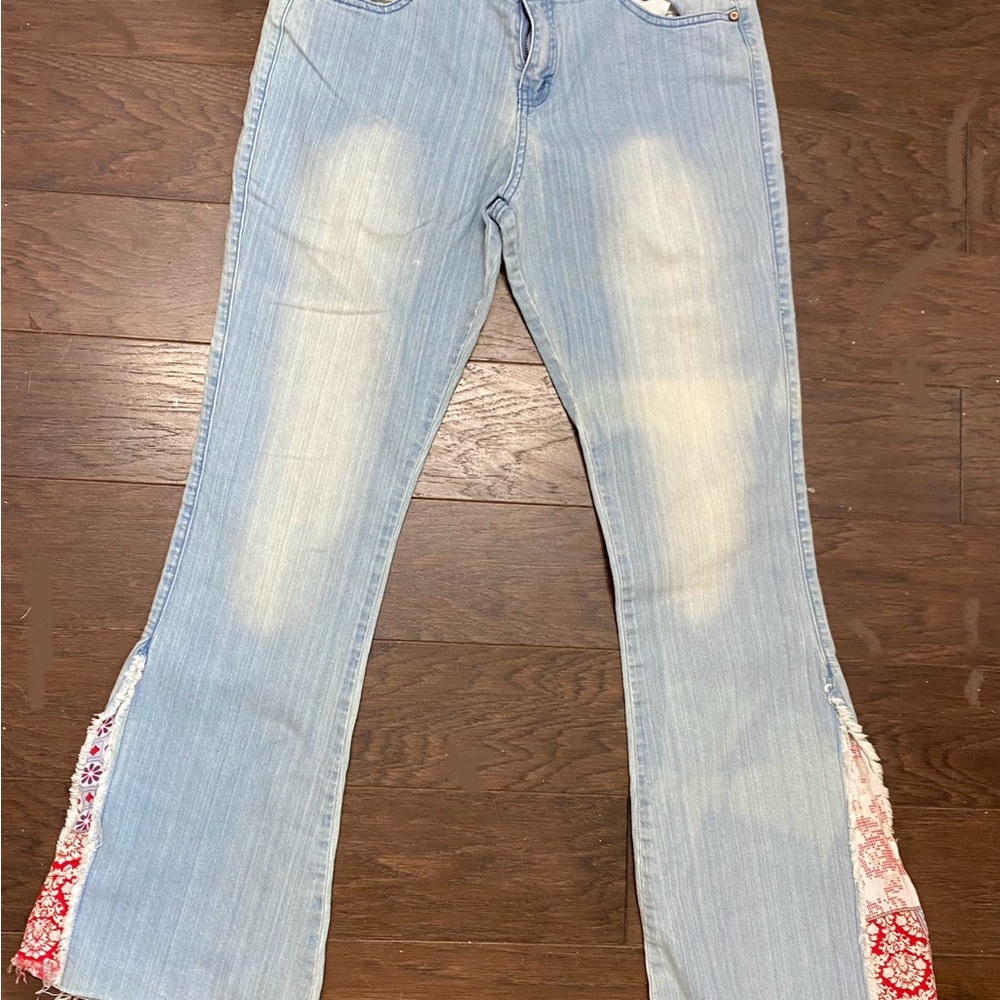White Crow Light Blue Flare Jeans with Red Accents